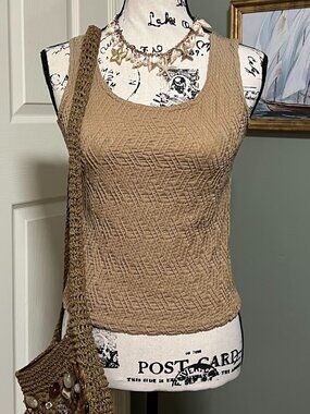 Vintage Aria SZ M Khaki Crinkle Tank Top Made in USA 90s Granola Fairy Grunge